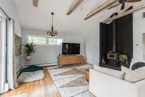 Fireplace, Interior, Living room, Pendant Lights, Wooden Beams, Wood Texture Flooring