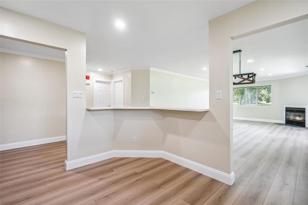 Empty room, Fireplace, Interior, Pendant Lights, Recessed Lighting, Wood Texture Flooring