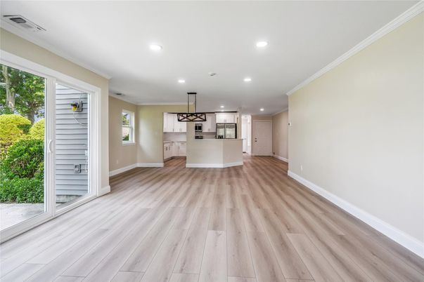 Empty room, Interior, Kitchen, Pendant Lights, Recessed Lighting, Wood Texture Flooring