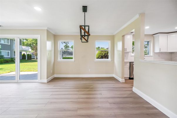 Empty room, Interior, Kitchen, Pendant Lights, Recessed Lighting, Wood Texture Flooring