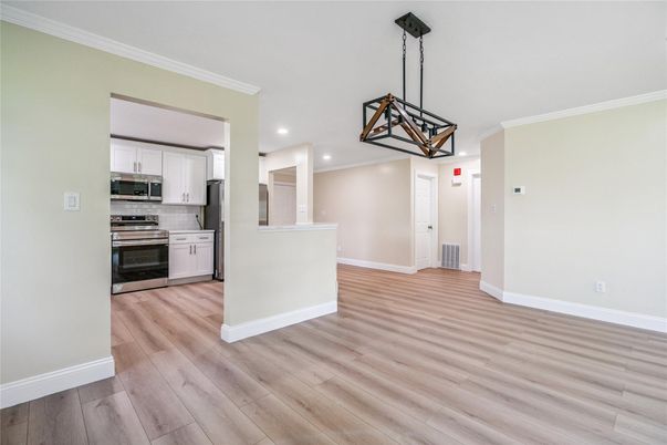 Interior, Kitchen, Pendant Lights, Recessed Lighting, Stainless Steel Appliances, Wood Texture Flooring