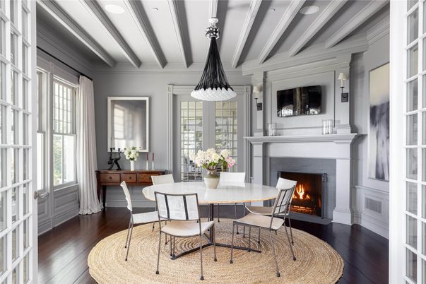 Dining room, Fireplace, Interior, Pendant Lights, Wood Texture Flooring