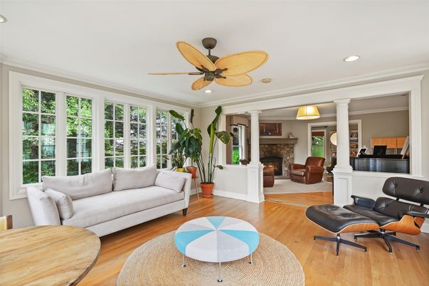 Fireplace, Interior, Living room, Piano, Recessed Lighting, Wood Texture Flooring
