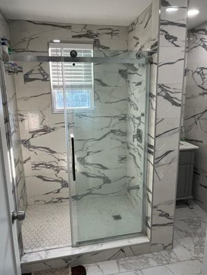 Bathroom, Glass Shower, Interior, Marble, Marble Walls, Recessed Lighting