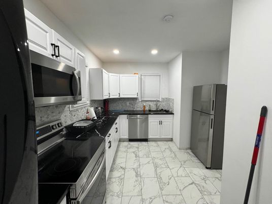 Interior, Kitchen, Marble, Recessed Lighting, Stainless Steel Appliances