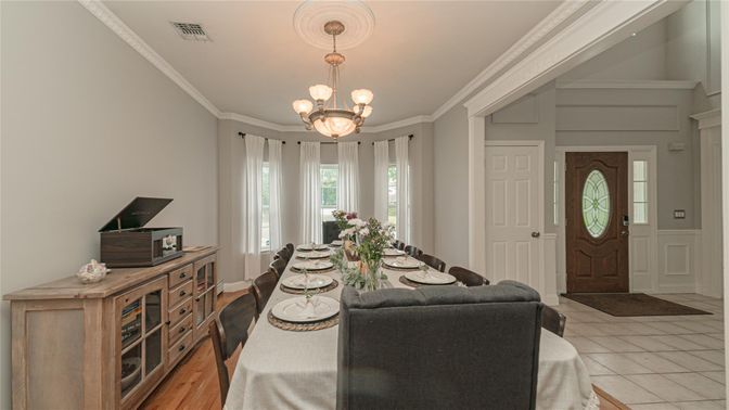Chandelier, Dining room, Interior, Wood Texture Flooring