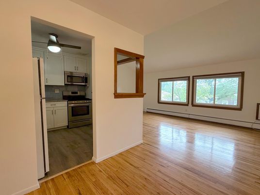Empty room, Interior, Kitchen, Stainless Steel Appliances, Wood Texture Flooring