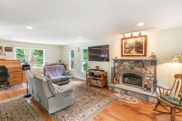 Fireplace, Interior, Living room, Recessed Lighting, Wood Texture Flooring