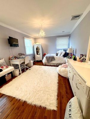 Bedroom, Chandelier, Interior, Wood Texture Flooring