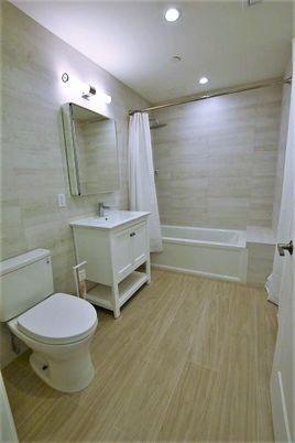 Bathroom, Interior, Recessed Lighting, Wood Texture Flooring