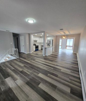 Empty room, Interior, Kitchen, Pendant Lights, Recessed Lighting, Wood Texture Flooring