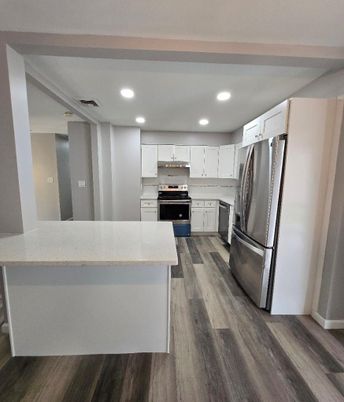 Interior, Kitchen, Recessed Lighting, Stainless Steel Appliances, Wood Texture Flooring