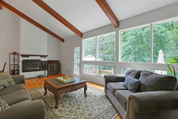 Fireplace, Interior, Living room, Wooden Beams, Wood Texture Flooring