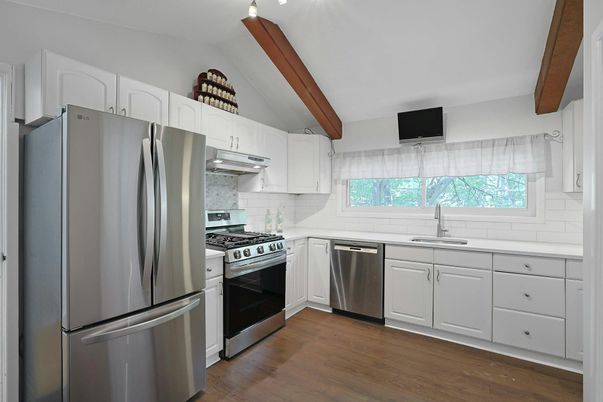 Interior, Kitchen, Stainless Steel Appliances, Wooden Beams, Wood Texture Flooring