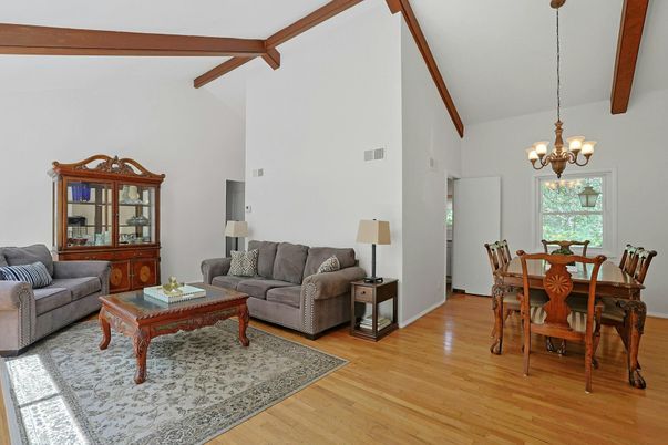 Chandelier, Dining room, Interior, Living room, Wooden Beams, Wood Texture Flooring