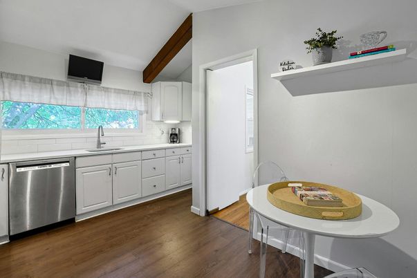 Interior, Kitchen, Stainless Steel Appliances, Wooden Beams, Wood Texture Flooring