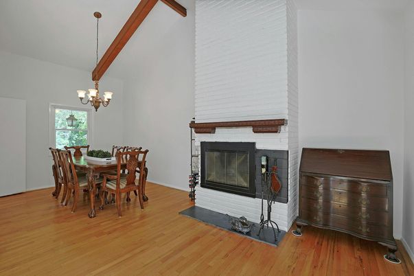 Chandelier, Dining room, Fireplace, Interior, Wooden Beams, Wood Texture Flooring