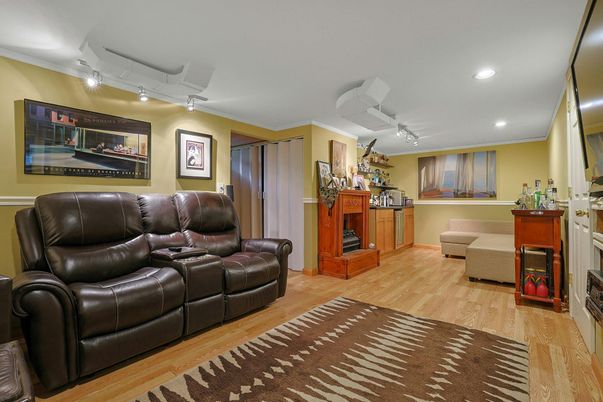 Home Theatre Room, Fireplace, Interior, Recessed Lighting, Wood Texture Flooring