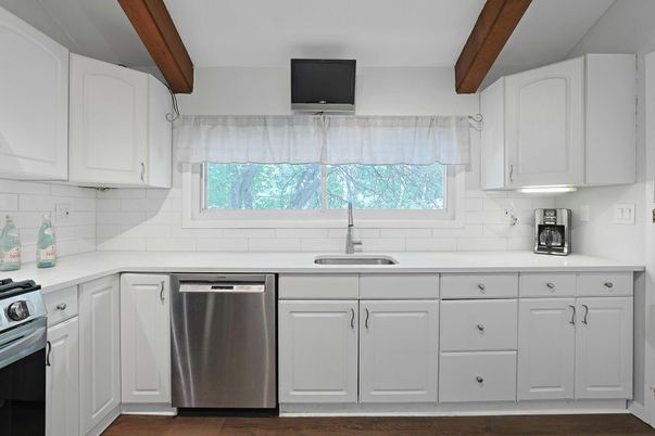 Interior, Kitchen, Stainless Steel Appliances, Wooden Beams, Wood Texture Flooring
