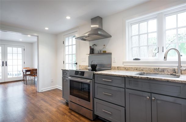 Interior, Kitchen, Recessed Lighting, Stainless Steel Appliances, Wood Texture Flooring