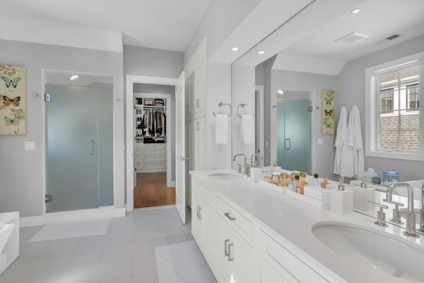 Bathroom, Dual Sink Vanities, Interior, Recessed Lighting, Walk-in Closets, Wood Texture Flooring