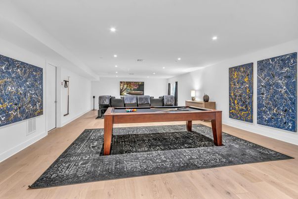Billiard Table, Game Room, Interior, Recessed Lighting, Wood Texture Flooring