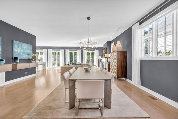 Dining room, Interior, Pendant Lights, Wood Texture Flooring