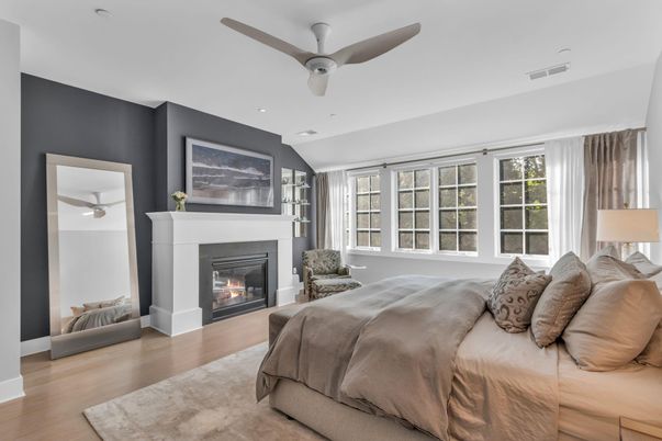 Bedroom, Fireplace, Interior, Recessed Lighting, Wood Texture Flooring