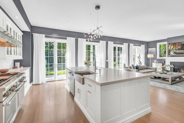 Fireplace, Interior, Kitchen, Living room, Pendant Lights, Recessed Lighting, Wood Texture Flooring