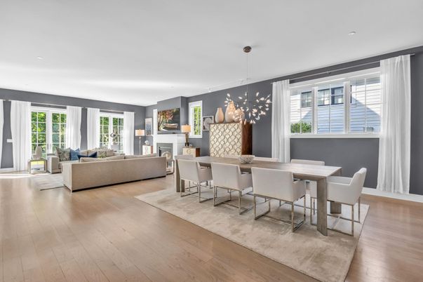 Dining room, Fireplace, Interior, Living room, Pendant Lights, Recessed Lighting, Wood Texture Flooring