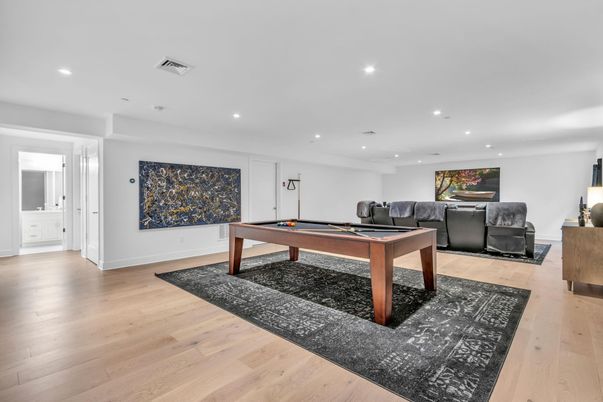 Billiard Table, Game Room, Interior, Recessed Lighting, Wood Texture Flooring