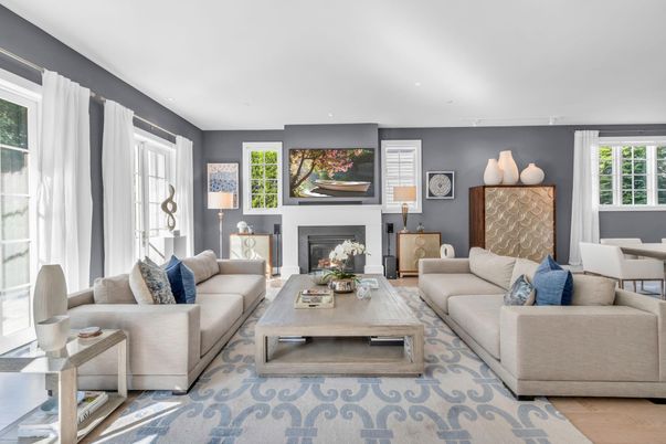 Dining room, Fireplace, Interior, Living room, Recessed Lighting, Wood Texture Flooring