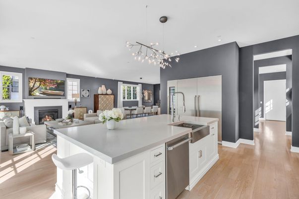 Dining room, Fireplace, Interior, Kitchen, Living room, Pendant Lights, Recessed Lighting, Stainless Steel Appliances, Wood Texture Flooring