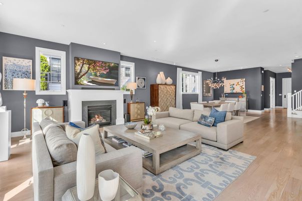 Dining room, Fireplace, Interior, Living room, Pendant Lights, Recessed Lighting, Wood Texture Flooring