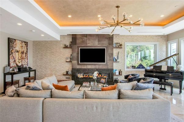 Fireplace, Interior, Living room, Pendant Lights, Piano, Recessed Lighting, Stone Walls