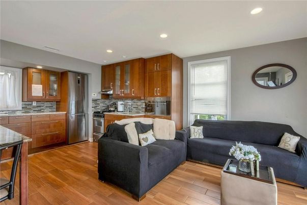 Interior, Kitchen, Living room, Recessed Lighting, Stainless Steel Appliances, Wood Texture Flooring