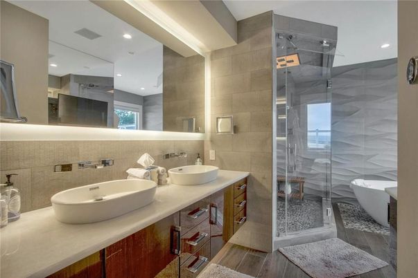 Bathroom, Dual Sink Vanities, Free Standing Baths, Glass Shower, Interior, Recessed Lighting, Wood Texture Flooring