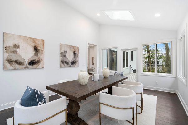 Dining room, Interior, Recessed Lighting, Wood Texture Flooring
