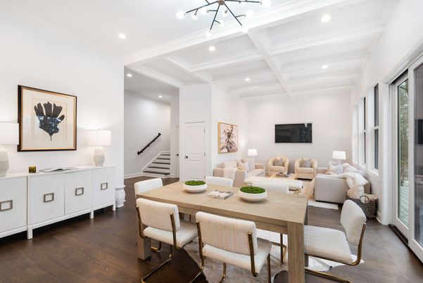 Dining room, Interior, Living room, Recessed Lighting, Wood Texture Flooring