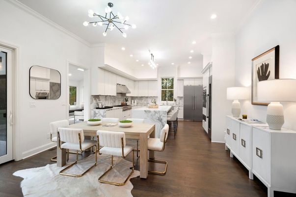 Dining room, Interior, Kitchen, Pendant Lights, Recessed Lighting, Stainless Steel Appliances, Wood Texture Flooring