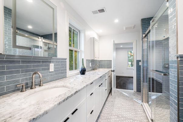 Bathroom, Dual Sink Vanities, Glass Shower, Interior, Recessed Lighting