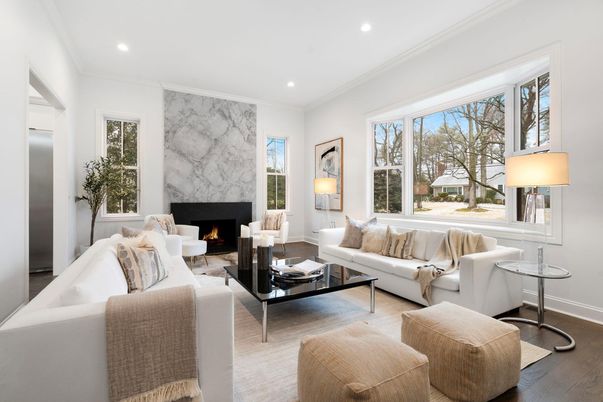 Fireplace, Interior, Living room, Marble Walls, Recessed Lighting, Wood Texture Flooring