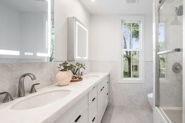 Bathroom, Dual Sink Vanities, Glass Shower, Interior, Recessed Lighting