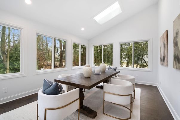 Dining room, Interior, Recessed Lighting, Sun Room, Wood Texture Flooring