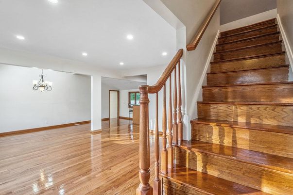 Chandelier, Empty room, Interior, Recessed Lighting, Wood Texture Flooring