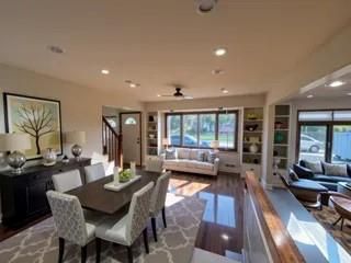 Dining room, Interior, Living room, Recessed Lighting, Wood Texture Flooring