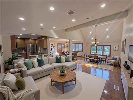 Chandelier, Dining room, Interior, Kitchen, Living room, Pendant Lights, Recessed Lighting, Stainless Steel Appliances, Wood Texture Flooring