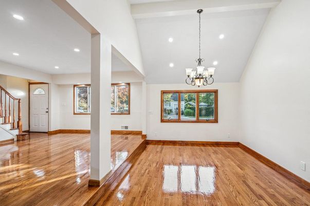 Chandelier, Empty room, Interior, Recessed Lighting, Wood Texture Flooring