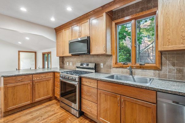Interior, Kitchen, Recessed Lighting, Stainless Steel Appliances, Wood Texture Flooring
