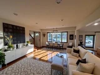 Dining room, Interior, Living room, Pendant Lights, Recessed Lighting, Wood Texture Flooring